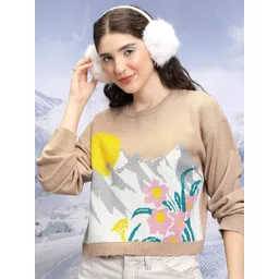 Tokyo Talkies Tan-brown Conversational Printed Jacquard Knitted Acrylic Pullover Sweater-picture-32