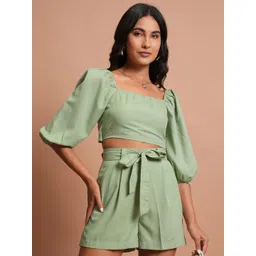 Tokyo Talkies Tie-Ups Back Crop Top With Pleated Belted Shorts-picture-41