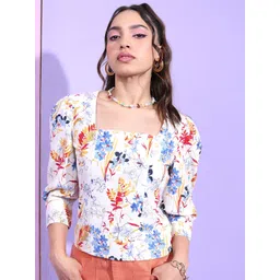 Tokyo Talkies White Floral Printed Square Neck Cotton Top-picture-12