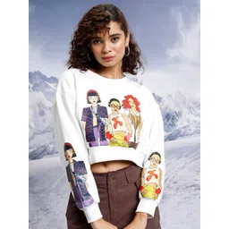 Tokyo Talkies White Graphic Printed Long Sleeves Cropped  Pullover-picture-40