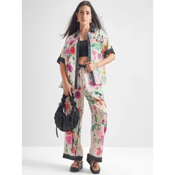 Tokyo Talkies White Mickey Mouse Floral Printed Shirt Collar Satin Shirt & Trousers-picture-40