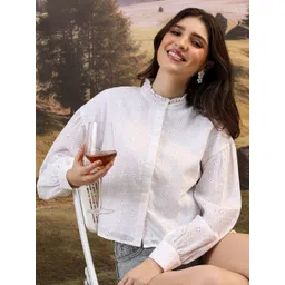 Tokyo Talkies White Self Design Schiffli Band Collar Cuffed Sleeves Shirt Style Top-picture-38