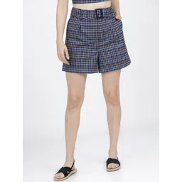 Tokyo Talkies Women Blue Checked Regular Shorts-picture-23