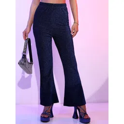 Tokyo Talkies Women Blue Mid-Rise Flared Shimmer Trousers-image-35