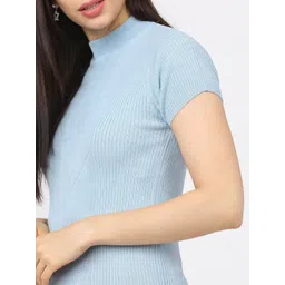 Tokyo Talkies Women Blue Ribbed Acrylic Pullover image 2