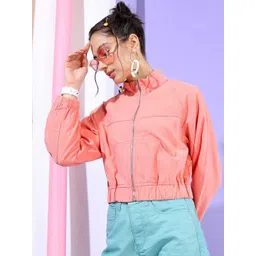 Tokyo Talkies Women Elegant Coral Solid Bomber Jacket-picture-16