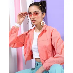 Tokyo Talkies Women Elegant Coral Solid Bomber Jacket image 5