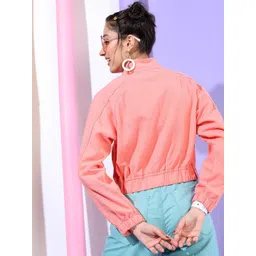 Tokyo Talkies Women Elegant Coral Solid Bomber Jacket image 2