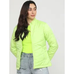 Tokyo Talkies Women Fluorescent Green Solid Puffer Jacket-image-32