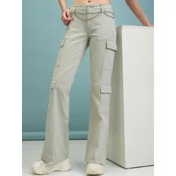 Tokyo Talkies Women Green Flared Mid-Rise Cargos Trouser-picture-22