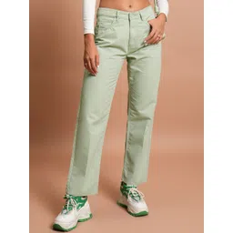 Tokyo Talkies Women Green Flared Mid-Rise Plain Regular Trousers-picture-34