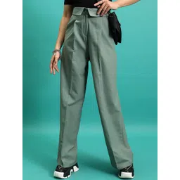 Tokyo Talkies Women Green Mid-Rise Parallel Trousers-picture-24