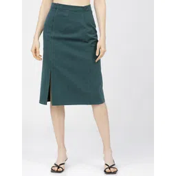 Tokyo Talkies Women Green Solid Straight-Fit A-Line Midi Skirt-picture-16