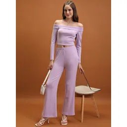 Tokyo Talkies Women Knitted Off Shoulder Top & Flared Trousers Co-Ords-picture-10