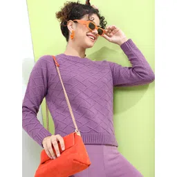 Tokyo Talkies Women Mauve Self Design Acrylic Pullover-picture-19