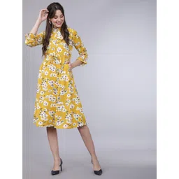 Tokyo Talkies Women Mustard Yellow & White Floral Printed Fit and Flare Dress-picture-19