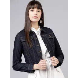 Tokyo Talkies Women Navy Blue Solid Denim Jacket image 5