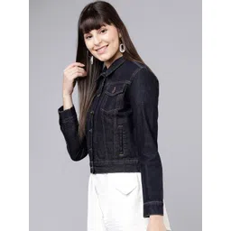 Tokyo Talkies Women Navy Blue Solid Denim Jacket image 3