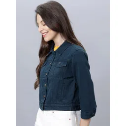 Tokyo Talkies Women Navy Blue Solid Denim Jacket image 5