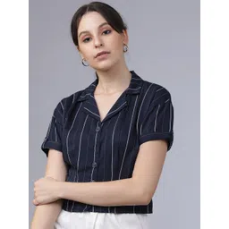 Tokyo Talkies Women Navy Blue Striped Shirt Style Top-picture-11