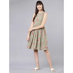 Tokyo Talkies Women Olive Green Printed Fit and Flare Dress-picture-41
