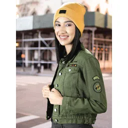 Tokyo Talkies Women Olive Green Solid Denim Jacket-image-34