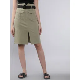 Tokyo Talkies Women Olive Green Solid Straight Skirt With Belt-image-43