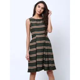 Tokyo Talkies Women Olive Green Striped Fit and Flare Dress-picture-40