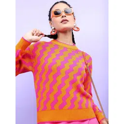 Tokyo Talkies Women Orange & Pink Jacquard Pullover Sweater image 1
