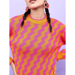 Tokyo Talkies Women Orange & Pink Jacquard Pullover Sweater image 5