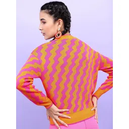 Tokyo Talkies Women Orange & Pink Jacquard Pullover Sweater image 2