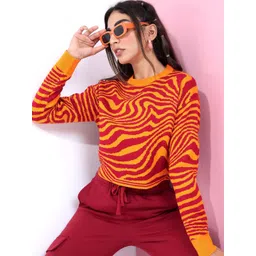 Tokyo Talkies Women Orange & Red Jacquard Pullover Sweater-picture-33