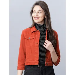 Tokyo Talkies Women Orange Solid Crop Denim Jacket-picture-21