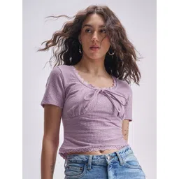 Tokyo Talkies Women Ribbed Self Design Round Neck Tie-Ups Regular Crop Top-picture-20