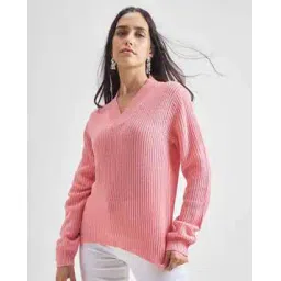 tokyo talkies Women Ribbed V-Neck Pullover-picture-24