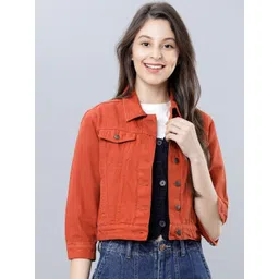 Tokyo Talkies Women Rust Orange Solid Crop Denim Jacket-picture-42