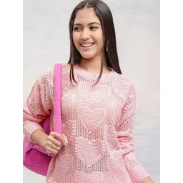 Tokyo Talkies Women Self Design Open Knit Round Neck Regular Fit Pullover Sweaters-picture-16