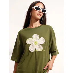 tokyo talkies Women Self Design Round Neck Cotton Blend Green T-Shirt-picture-12