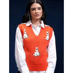 Tokyo Talkies Women Self Design V-neck Sleeveless Sweater Vest-picture-39