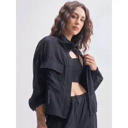 Tokyo Talkies Women Stand Collar Self Design Casual Bomber Jacket-picture-19