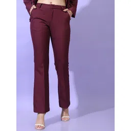 tokyo talkies Women Straight Fit Maroon Cotton Blend Trousers-picture-17