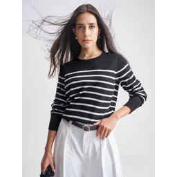 tokyo talkies Women Striped Round Neck Black Sweater-picture-23