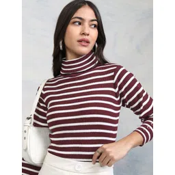 tokyo talkies Women Woven High Neck Maroon Sweater-picture-11