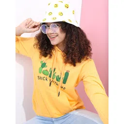 Tokyo Talkies Women Yellow & Green Printed Hooded Sweatshirt-picture-21