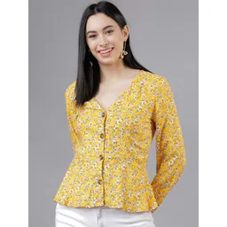 Tokyo Talkies Women Yellow Floral Printed Peplum Top-picture-17