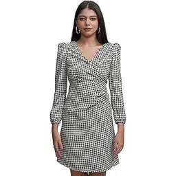 tokyo talkies Women's Dresses for Women | Herringbone Print | Wrap Style | Knee-Length | Bishop Sleeves | Elegant & Trendy-picture-13