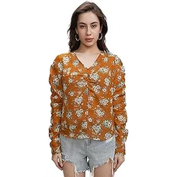 tokyo talkies Women's Floral V-Neck | Front Gather | Long Gathered Sleeves Top | Tops for Woman | Women Tops | Stylish Top-picture-36