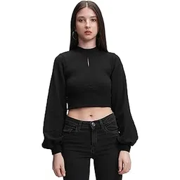 tokyo talkies Women's Puff Long Sleeves High Neck Key Hole Crop Top | Trendy & Flattering | Perfect for Casual & Party Looks | Tops for Woman | Women Tops | Women Crop Top-picture-25