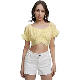 tokyo talkies Women's Puff Sleeves Styled Back Crop Top | Cinched Waist | Feminine & Trendy | Perfect for Casual & Day Outings | Tops for Woman | Women Tops | Women Crop Top-picture-26