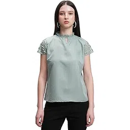 tokyo talkies Women's Self-Design A-Line Top | Lace Short Sleeves | High Neck with Keyhole | Elegant & Feminine | Perfect for Casual Wear | Tops for Woman | Women Tops | Stylish Top-picture-41